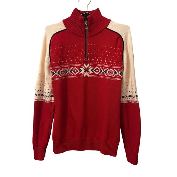 Dale of Norway Red Fair Isle Merino Wool Quarter Zip Sweater XL - Picture 1 of 6